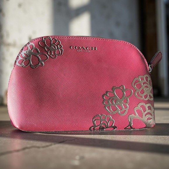 Coach Handbags - Coach Burgundy and Silver Floral Cosmetic Bag